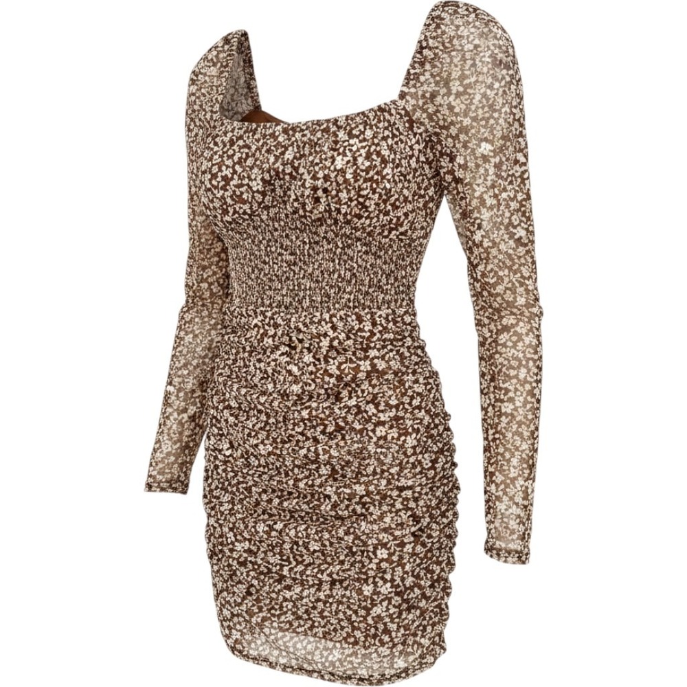 Le Lis Floral Mesh Shirring Dress Womens M Brown Ruched Coquette Fairycore Boho